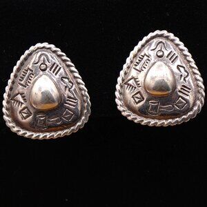 Vintage Triangular Concho Sheild & Dome Silver Stud Earrings Symbollic Engraving